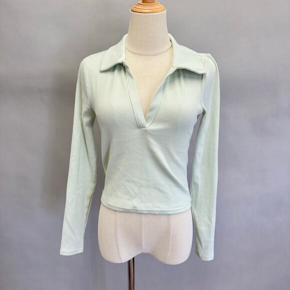 Abercrombie & Fitch Mint Green Ribbed Polo Long Sleeve Cropped Top Size Small‎ - Picture 11 of 11